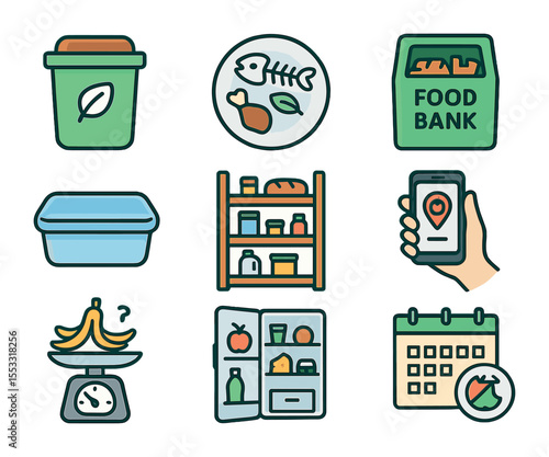 Food Waste Solutions. Flat icon set of food waste and recovery: compost bin, leftover meal, food bank bin,