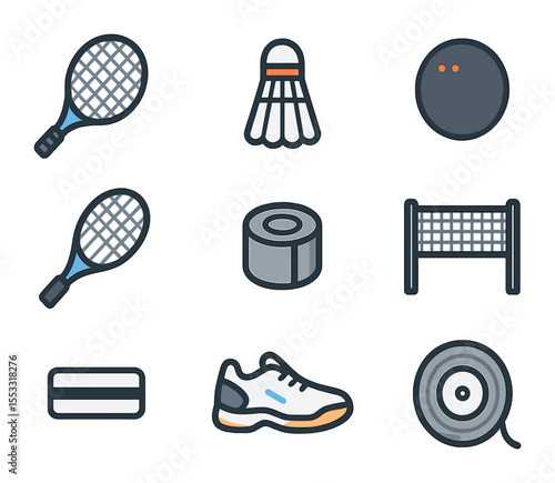 Racquet Sports Gear Icons. Flat icon set of racquet sports gear: tennis racquet, shuttlecock, squash ball,
