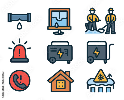 Emergency Icon Set. Flat icon set of emergency snow and ice response: burst pipe icon, indoor leak, ice