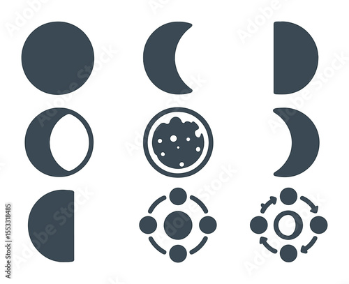 Moon Phases Icons. Flat icon set of phases of the moon: new moon, waxing crescent, first quarter, waxing