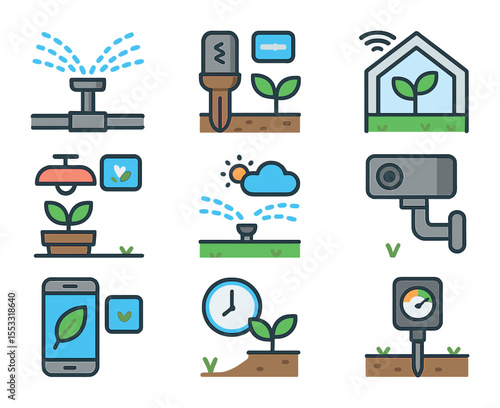 Smart Gardening Icons. Flat icon set of smart gardening solutions: automated sprinkler, moisture sensor, smart
