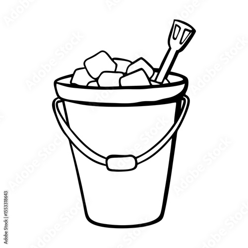 Ice bucket filled with ice cubes and a shovel tool inside  