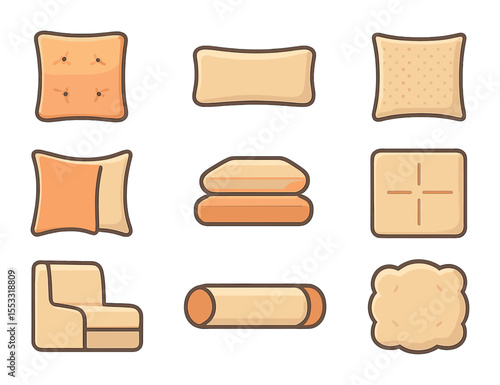 Cushion Icon Grid. Flat icon set of sofa and lounge cushions: tufted cushion, lumbar support pillow, textured