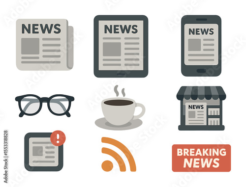 News Icon Collection. Flat icon set of reading the news: newspaper, digital tablet with headlines, news app,