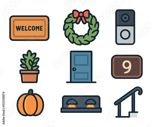 Entryway Icon Set. Flat icon set of entryway enhancements: welcome mat, door wreath, smart doorbell, painted