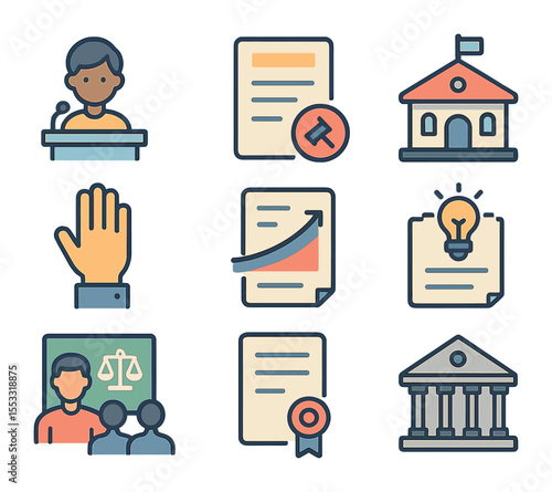 Youth Leadership Icons. Flat icon set of youth leadership in policy change: youth at podium, policy document,
