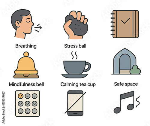 Emotional Regulation Icons. Flat icon set of emotional regulation tools: breathing icon, stress ball, journal
