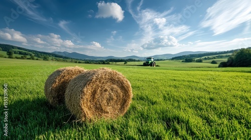 A picturesque landscape featuring round hay bales in vibrant green fields, under a clear blue sky with fluffy clouds, ideal for agriculture or rural lifestyle imagery.