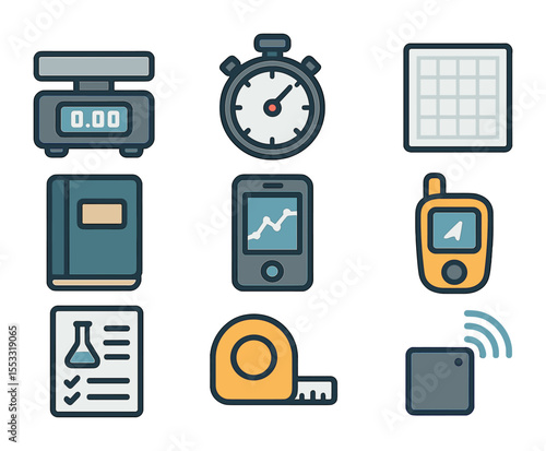Data Tool Icons. Flat icon set of data collection tools: digital scale, stopwatch, graph paper, field notebook
