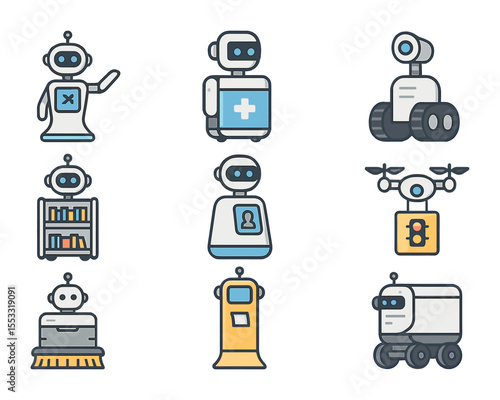Public Service Robots. Flat icon set of robots in public services: airport guide robot, hospital service bot,