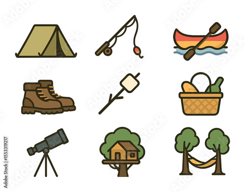 Outdoor Family Icons. Flat icon set of outdoor family fun: tent camping, fishing pole, canoe ride, hiking