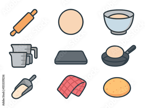 Pita Bread Icon Set. Flat icon set of making homemade pita bread: rolling pin, dough ball, mixing bowl,