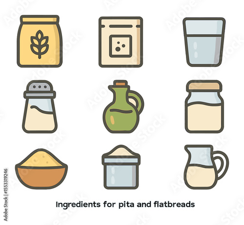 Flatbread Ingredients Icons. Flat icon set of ingredients for pita and flatbreads: all-purpose flour, yeast