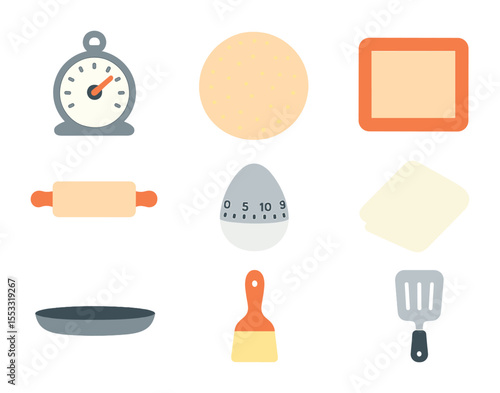 Baking Tools Icon Set. Flat icon set of baking accessories for flatbreads: oven thermometer, pizza stone,