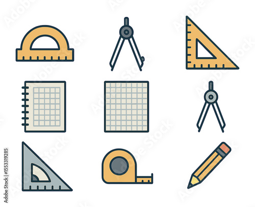 Geometry Tools Icons. Flat icon set of geometry tools: protractor, compass, triangle ruler, grid notebook,