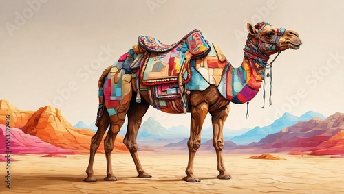 Colorful Pixel Saddle Adorns Desert Camel
