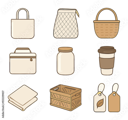 Eco Shopping Icons. Flat icon set of reusable shopping items: canvas tote, mesh produce bag, wicker basket,