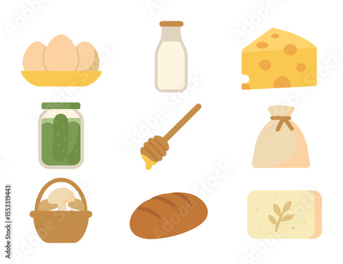 Farm Fresh Icons. Flat icon set of local farm goods: fresh eggs, milk bottle, cheese wedge, jar of pickles,
