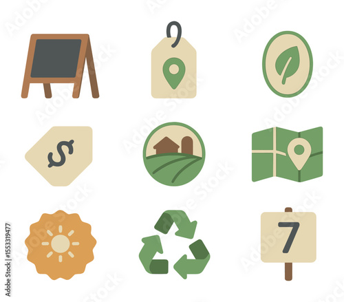 Market Icons Grid. Flat icon set of signs and labels: chalkboard sign, “local only” tag, “organic” label,