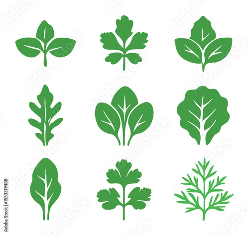 Herb Icon Grid. Flat icon set of herbs and leafy greens: basil, parsley, mint, arugula, spinach, lettuce,