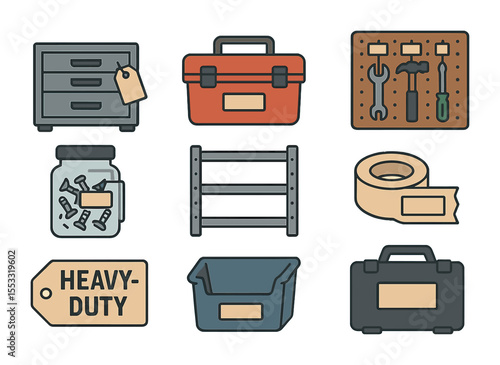 Garage Tool Icons. Flat icon set of garage and tool storage labels: tool drawer with tag, labeled toolbox,