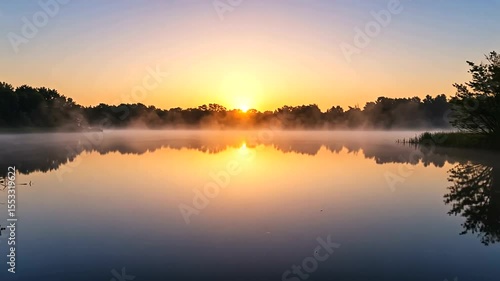Wallpaper Mural Serene sunrise over a misty lake, reflecting vibrant colors and tranquil nature surroundings Torontodigital.ca
