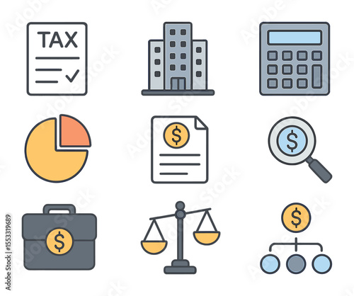 Corporate Tax Icon Set. Flat icon set of corporate tax policies: tax form, corporate building, calculator, pie