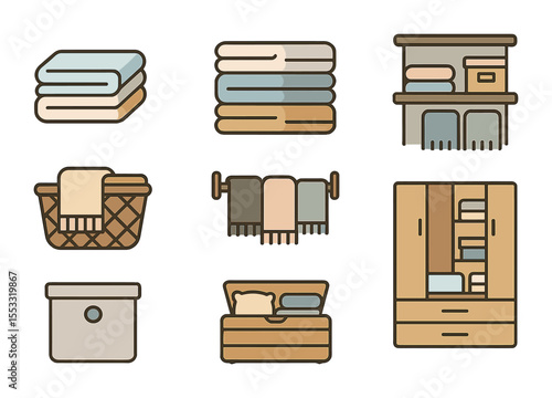 Home Textile Icons. Flat icon set of home textile storage: folded linens, stacked towels, labeled boxes,