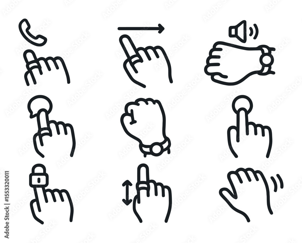 Fototapeta premium Smart Ring Gesture Icons. Flat icon set of smart ring gestures and controls: tap to answer call, swipe to skip