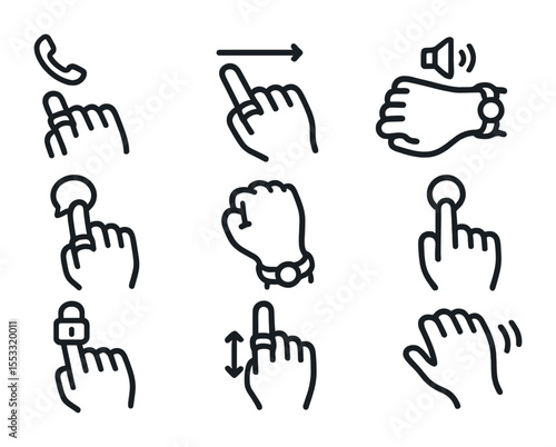 Smart Ring Gesture Icons. Flat icon set of smart ring gestures and controls: tap to answer call, swipe to skip
