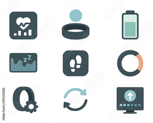 Smart Ring Icon Set. Flat icon set of smart ring app features: health dashboard, ring connection status,