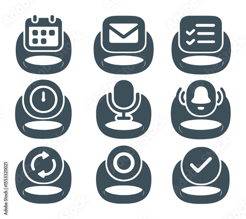 Smart Ring Icons. Flat icon set of smart rings for productivity: calendar reminder ring, email alert ring,