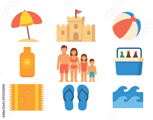 Beach Vacation Icons. Flat icon set of family vacation at the beach: beach umbrella, sandcastle, beach ball,