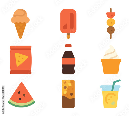 Beach Snack Icons. Flat icon set of beach snacks and treats: ice cream cone, popsicle, fruit skewers, chips