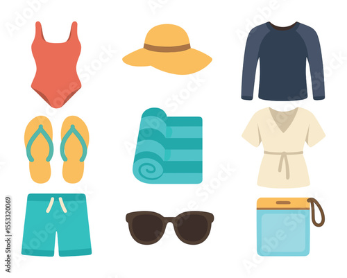 Beachwear Essentials Icons. Flat icon set of beachwear essentials: swimsuit, sunhat, rash guard, flip flops,