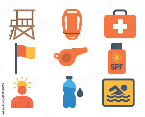 Beach Safety Icons. Flat icon set of beach safety items: lifeguard stand, rescue buoy, first aid kit, swim