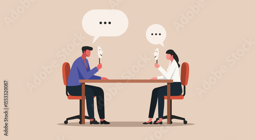 Two office workers holding smiling masks during a conversation, concept of  emotional repression, forced positivity, fake workplace culture, and hidden emotional, flat vector illustration