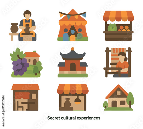 Cultural Experience Icons. Flat icon set of secret cultural experiences: local pottery studio, village