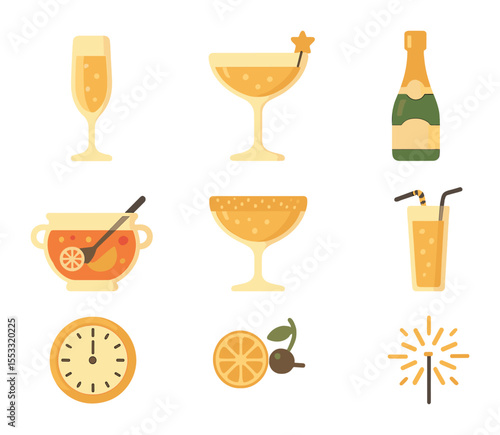 Festive Drink Icons. Flat icon set of New Year’s Eve drinks: champagne flute, golden cocktail, prosecco bottle