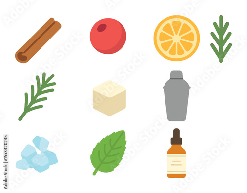 Holiday Cocktail Icons. Flat icon set of holiday cocktail ingredients: cinnamon stick, cranberry, orange slice