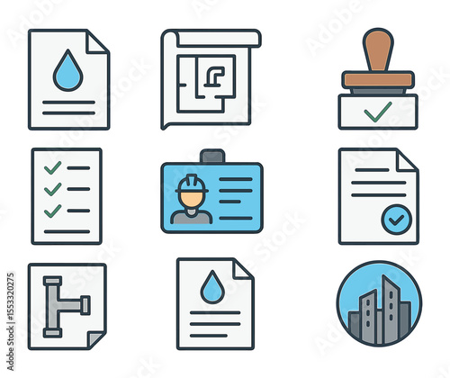 Plumbing Permit Icon Set. Flat icon set of plumbing permit documents: permit form, building plans, approval