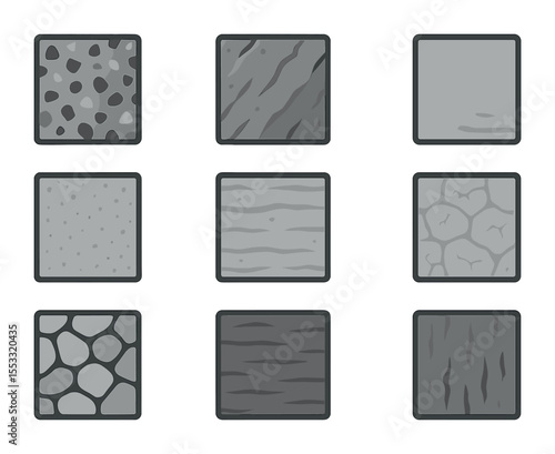 Outdoor Stone Finishes. Flat icon set of outdoor stone finishes: polished granite, rough slate, honed