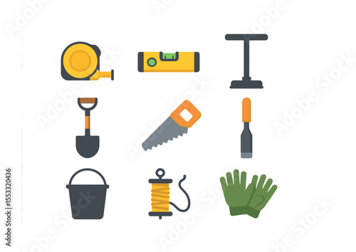 Walkway Tools Icons. Flat icon set of walkway construction tools: tape measure, spirit level, hand tamper,