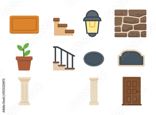 Patio Icon Set. Flat icon set of patio and entry features: welcome mat, porch stairs, front step light, stone