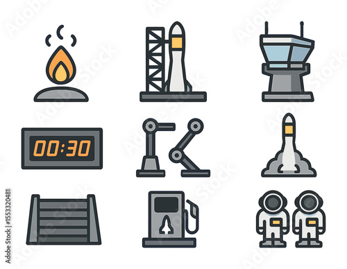 Space Launch Icons. Flat icon set of spacecraft launch systems: rocket ignition, launch pad, control tower,