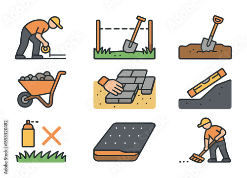 DIY Walkway Icon Set. Flat icon set of DIY walkway preparation: site measurement, ground marking, digging area
