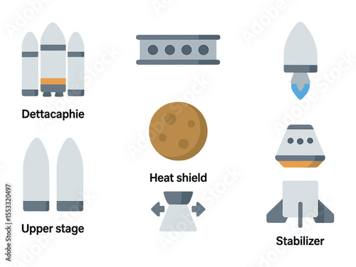 Spacecraft Icon Set. Flat icon set of multi-stage spacecraft features: detachable booster, interstage section,