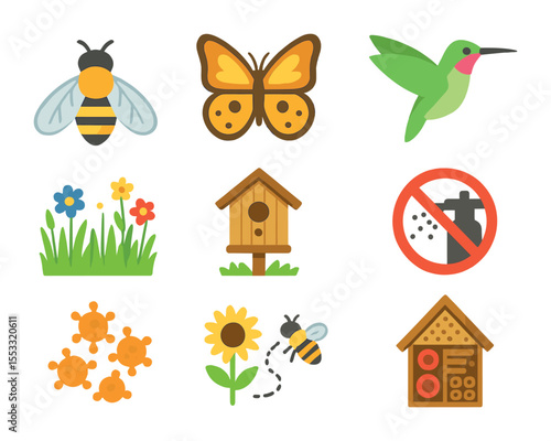 Pollinator Icon Set. Flat icon set of pollinator protection: honeybee, butterfly, hummingbird, wildflower