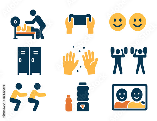 Gym Buddy Icons. Flat icon set of gym buddy system: spotting bench press, shared towel, mutual encouragement