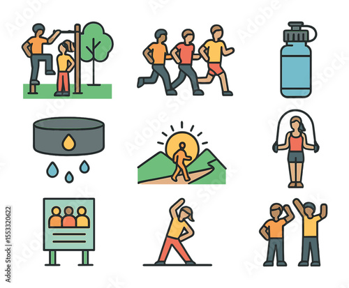 Outdoor Fitness Icons. Flat icon set of outdoor group fitness activities: park workout, group run, hydration